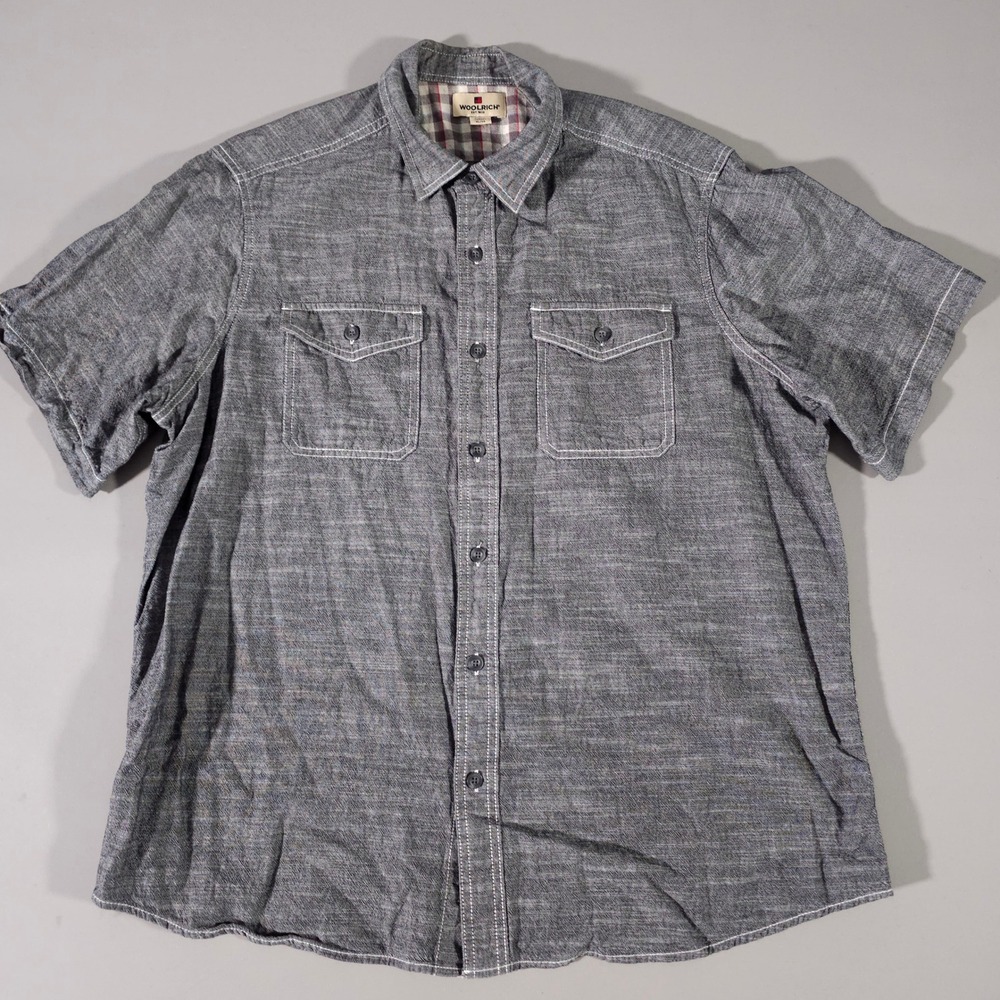 Woolrich Button Down Shirt Mens XL Grey Short Sleeve Cotton Chambray Pockets